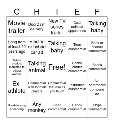 Super Bowl Commercials Bingo Card