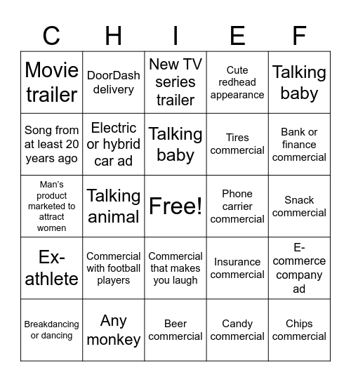 Super Bowl Commercials Bingo Card