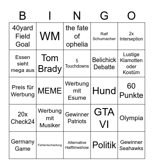 SUPER BOWL Bingo Card