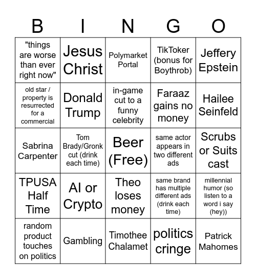SUPER BOWL 2026 Bingo Card