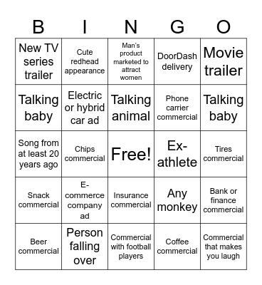 Super Bowl Commercial Bingo Card