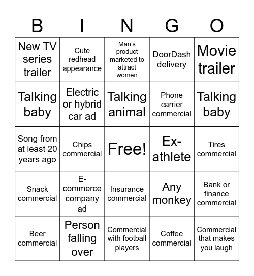 Super Bowl Commercial Bingo Card