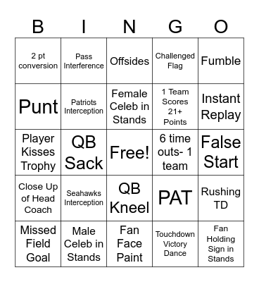 Super Bowl Game Bingo Card