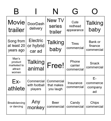 Super Bowl Commercial Bingo Card