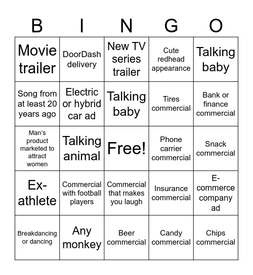 Super Bowl Commercial Bingo Card