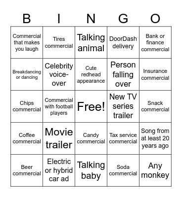 Super Bowl Commercial Bingo Card