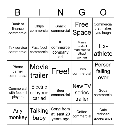 Super Bowl Commercial Bingo Card