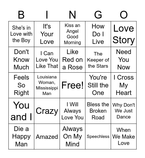 Country's Greatest Love Songs Bingo Card