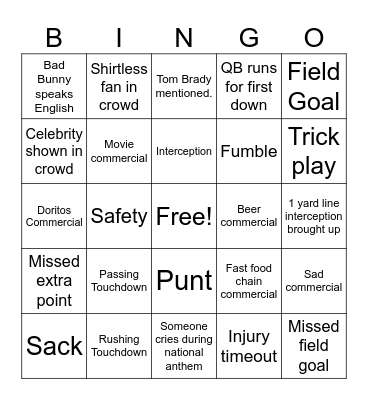 Super Bowl Bingo Card