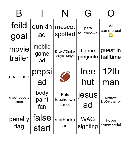 Super Bowl Bingo Card