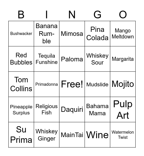 Boat Drinks Bingo Card