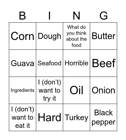 Comida, ingredientes y opiniones Bingo Card