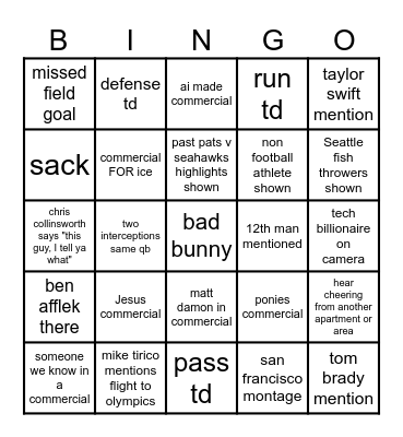 Super Bowl Bingo 2026 Bingo Card