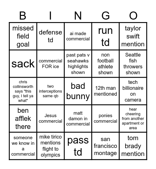 Super Bowl Bingo 2026 Bingo Card