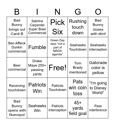 Super Bowl LX Bingo Card