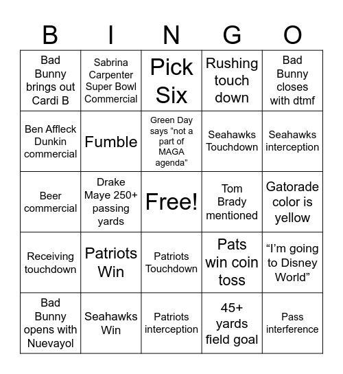 Super Bowl LX Bingo Card