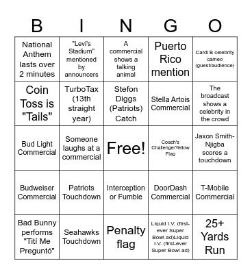 Super Bowl 60 Bingo Card