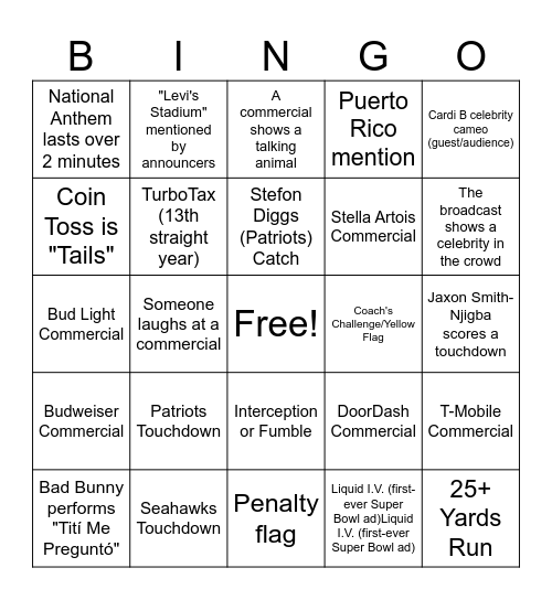 Super Bowl 60 Bingo Card