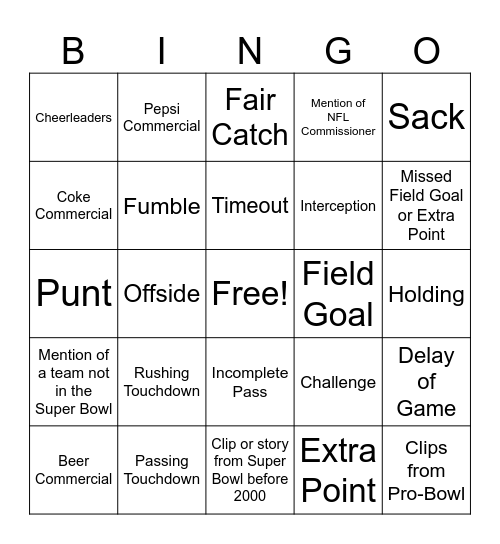 Super Bowl Bingo! Bingo Card