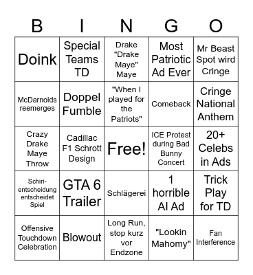 Superbowl 60 Bingo Card