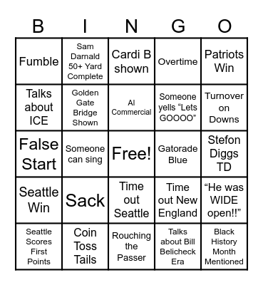 Super Bowl 2026 Bingo Card