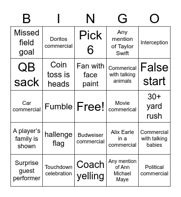 SuperBowl LV Bingo Card