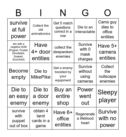 One More Night Bingo Card