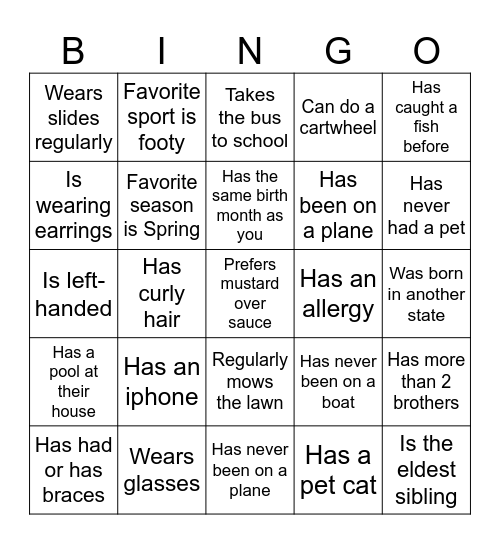 Middle School Human Bingo Card