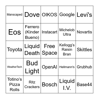 Superbowl Commercial Bingo Card