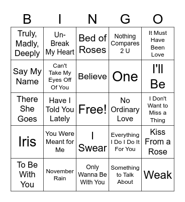 90's Greatest Love Songs Bingo Card