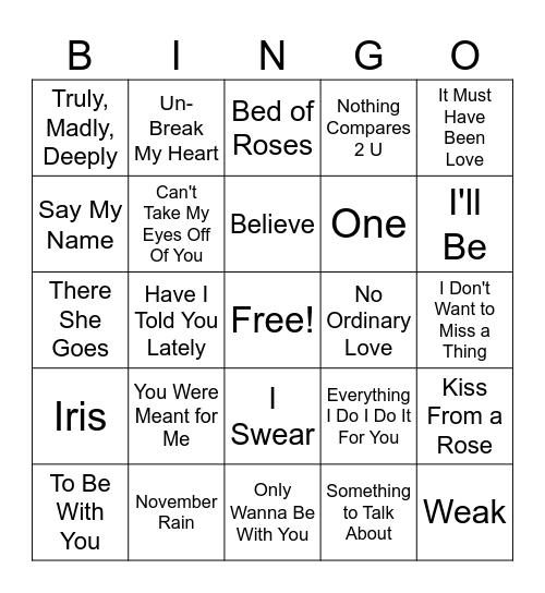 90's Greatest Love Songs Bingo Card