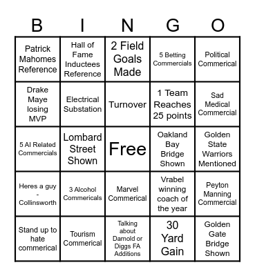Super Bowl 2026 Bingo Card