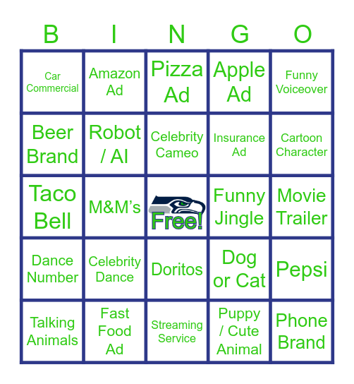 Super Bowl Commercial BINGO Card