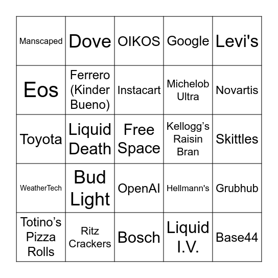 Superbowl Commercial Bingo Card