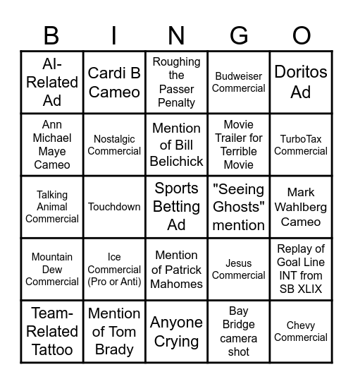 Big Game Bingo Card