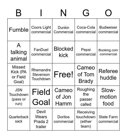Superbowl 2026 Bingo Card
