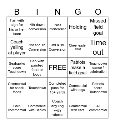 Super Bowl Bingo Card