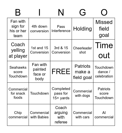 Super Bowl Bingo Card