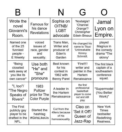 Black Queer History Bingo Card