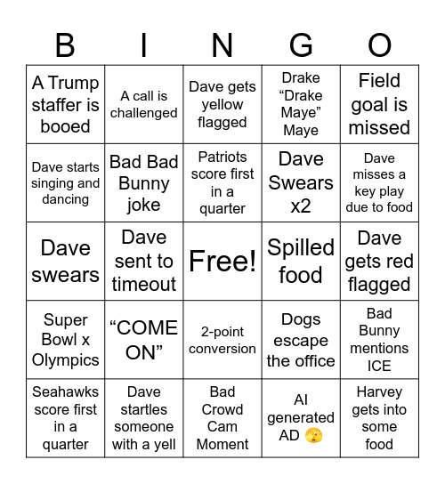 Things Dave Does Bingo Card