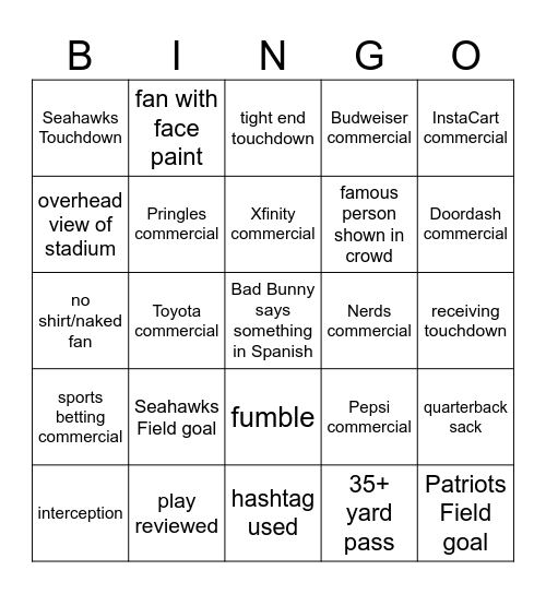 SUPER BOWL BINGO Card