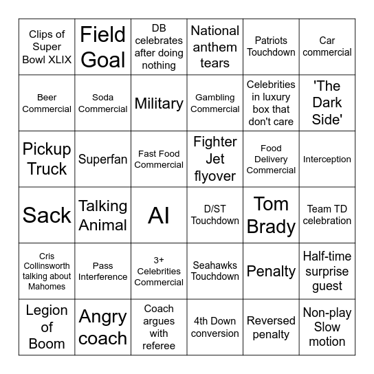 Super Bowl Bingo Card