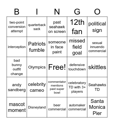 Seahawks Superbowl Bingo Card