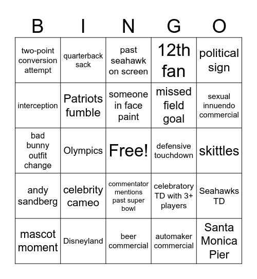 Seahawks Superbowl Bingo Card