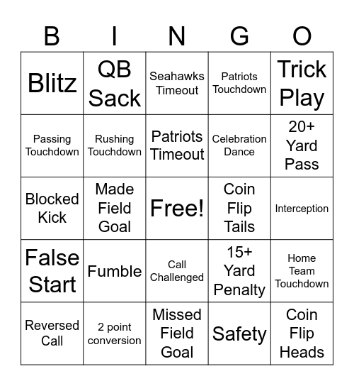 Superbowl Bingo Card