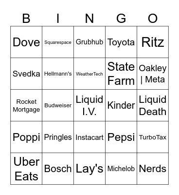 SUPER BOWL COMMERCIAL BINGO Card