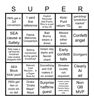 Superb Owl LX Bingo Card