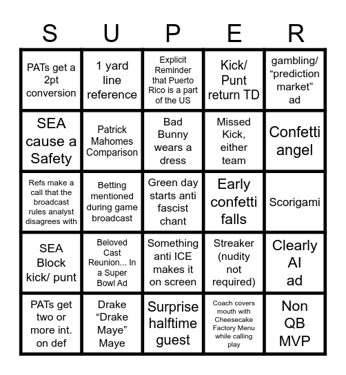 Superb Owl LX Bingo Card