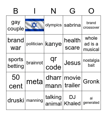 Super Bowl Commericals Bingo Card