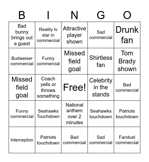 Super Bowl for the Girls Bingo Card